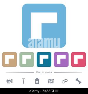 Top left 90 degrees angle arrow solid white flat icons on color rounded square backgrounds. 6 bonus icons included Stock Vector