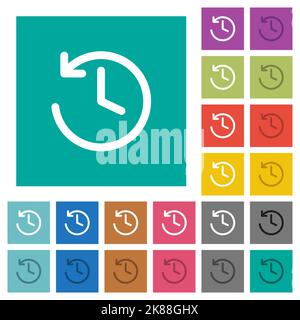 Circle shaped backward arrow and clock multi colored flat icons on plain square backgrounds. Included white and darker icon variations for hover or ac Stock Vector