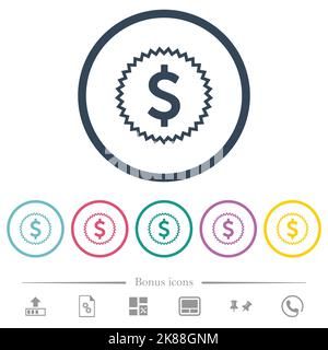 American dollar sticker alternate flat color icons in round outlines. 6 bonus icons included. Stock Vector