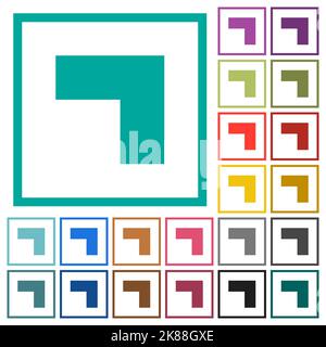 Top right 90 degrees angle arrow solid flat color icons with quadrant frames on white background Stock Vector