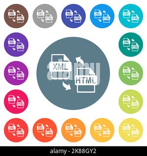 XML HTML file conversion flat white icons on round color backgrounds. 17 background color variations are included. Stock Vector