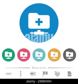 FTP create folder flat white icons on round color backgrounds. 6 bonus icons included. Stock Vector