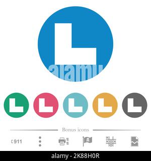 Bottom left angle arrow solid flat white icons on round color backgrounds. 6 bonus icons included. Stock Vector