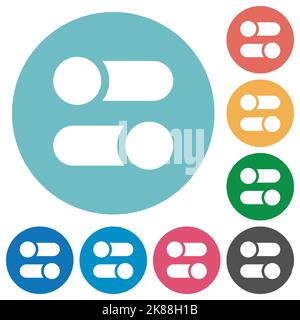 Horizontal toggle switches solid flat white icons on round color backgrounds Stock Vector