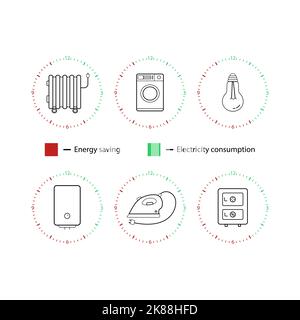 A linear set of icons for the graph of electricity consumption, Infographics of household electrical appliances icons, Vector graphics. Stock Vector