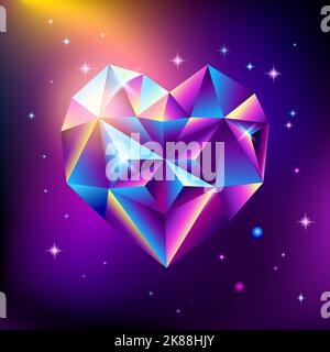 Abstract trendy cosmic poster with heart shaped crystal gems geometric shape in space. Neon galaxy background. 80s style. Poster with geometric Stock Vector