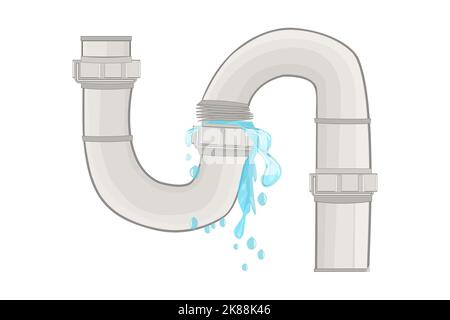 Plumbing pipe with flowing water. Water leak of pipe. Broken sewer and water supply. Burst tube valve, crack siphon, damaged plumbing, dripping drain. Stock Vector