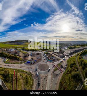 DOWLAIS, WALES, UK - OCTOBER 18 2022: Panoramic aerial view of roadworks and traffic cones during the dualling of the A465 road in South Wales. Stock Photo