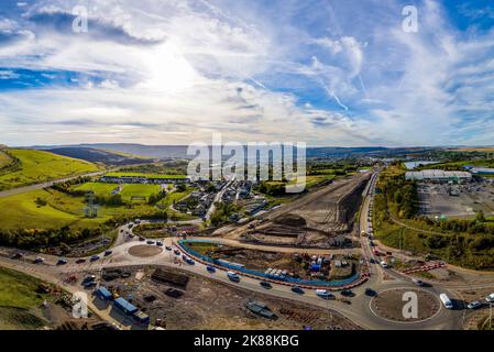 DOWLAIS, WALES, UK - OCTOBER 18 2022: Panoramic aerial view of roadworks and traffic cones during the dualling of the A465 road in South Wales. Stock Photo