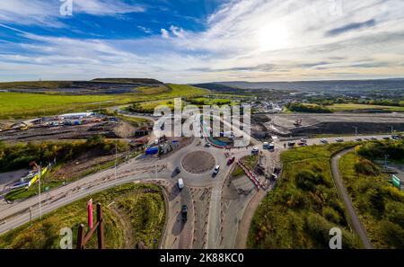 DOWLAIS, WALES, UK - OCTOBER 18 2022: Panoramic aerial view of roadworks and traffic cones during the dualling of the A465 road in South Wales. Stock Photo