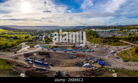 DOWLAIS, WALES, UK - OCTOBER 18 2022: Panoramic aerial view of roadworks and traffic cones during the dualling of the A465 road in South Wales. Stock Photo