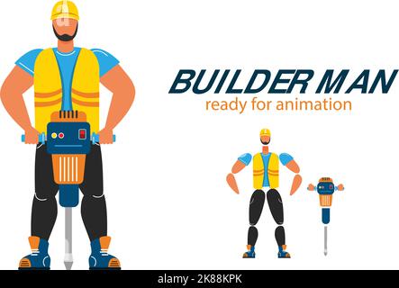 Front view of builder in uniform with jackhammer Stock Vector