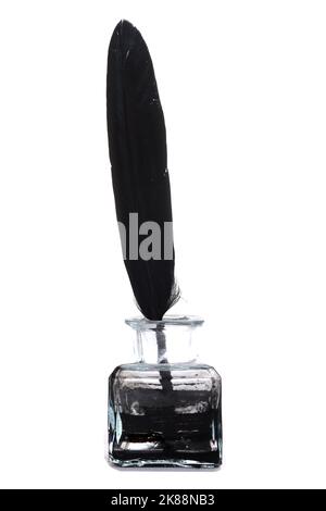 Black writing quill in a glass bottle full of ink isolated over white background Stock Photo