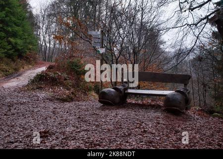 Hinterweidenthal, Germany - January 1, 2021: Bench in the shape of shoes next to a walking path below Devil's Table in the Palatinate Forest in German Stock Photo