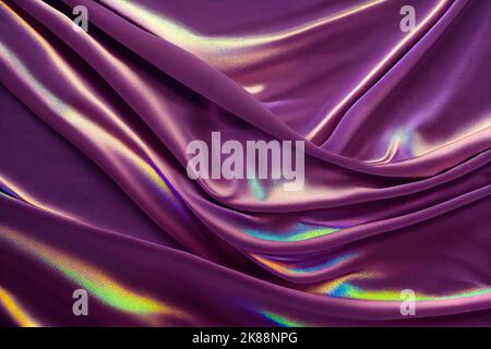 Purple silk satin background with holographic shine. Wavy soft folds on fabric. Luxurious abstract magenta background. Valentine, Christmas, Anniversa Stock Photo