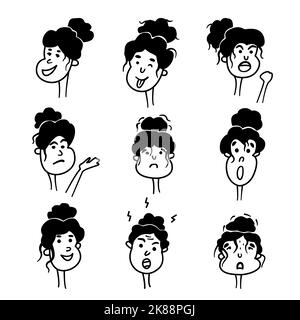 Set of cartoon female faces with different emotions. Funny women's heads. Collection of cliparts for sticker design, animation and video comics. Feelings of joy, sadness, anger, anxiety, surprise. Stock Vector