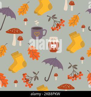 Seamless pattern with autumn elements. Cute and cozy seasonal items in a repeat pattern. Stock Vector
