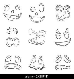 A set of emotional facial expressions for the jack-o-lantern pumpkin. A collection of different eyes and mouths for cartoon characters for Halloween. Customizable elements for design. Stock Vector