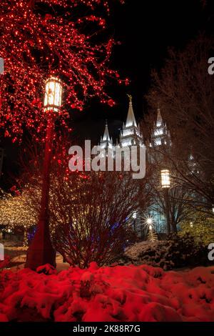 A vertical shot of Christmas lights on Temple Square in Salt Lake City, Utah Stock Photo