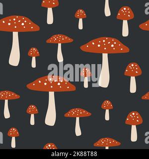 Amanita mushroom seamless pattern. Red fly agarics on dark background. Stock Vector