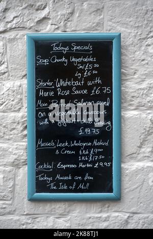 Today's Specials menu board on the wall of the Mussel Inn Seafood Restaurant in Rose Street, Edinburgh, Scotland, UK. Stock Photo