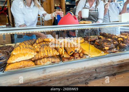 Austrian pastries and croissants in a display case in Salzburg, Austria. Stock Photo