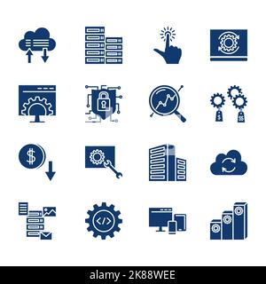 Software icon set in glyph style. Computer application code development and update. Vector illustration. Stock Vector