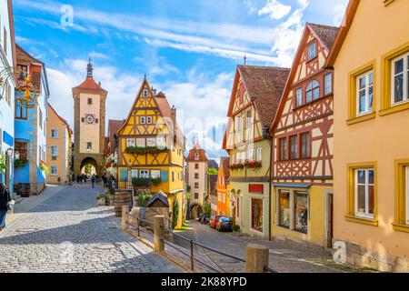 The picturesque Plönlein, or Little Square, a famous split in the road in the Bavarian village of Rothenburg ob der Tauber, Germany. Stock Photo