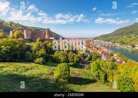 View from the Heidelberg Castle Complex of the castle ruins, Neckar river and medieval old town in Heidelberg, Germany. Stock Photo