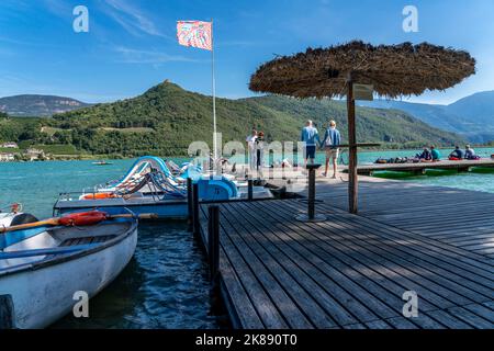 Boat hire, pedal boats, Gretl am See lido on Lake Kaltern, near the village of Kaltern, in the Adige Valley in South Tyrol, one of the two warmest lak Stock Photo