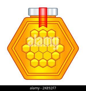 Illustration of a honey hexagonal jar with lid and stamp Stock Vector