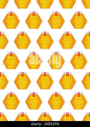 Seamless pattern of a honey hexagonal jar with lid and stamp Stock Vector