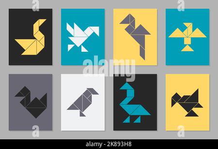 Colorful posters with eight tangram vector birds. Stock Vector
