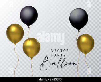 Balloon black gold party set isolated on transparent background. Vector realistic 3d celebration birthday glossy gift Stock Vector