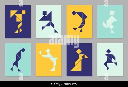 Colorful posters with eight tangram vector people. Stock Vector