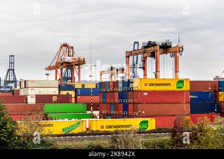 Gdynia, Poland. 21st Oct, 2022. Cranes and containers are seen in Gdynia Port, the third biggest transport port in Poland located on Baltic Sea on October 21, 2022. The Port of Gdynia is a key terminal of military shipments into eastern flank of NATO. The port has increasing strategic meaning for the organisation, especially after Finland's and Sweden's (other Baltic Sea states) bid to join NATO. (Photo by Dominika Zarzycka/Sipa USA) Credit: Sipa USA/Alamy Live News Stock Photo