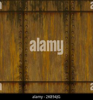 Rusty riveted metal plates wall covering seamless texture, rusty color Stock Photo
