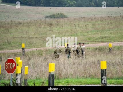 several British army soldiers equipped with telescopic sighted rifles, map-reading in preparation for a military exercise Stock Photo