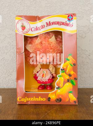 Tres Coroas, Brazil - Circa August 2022: 'Little Cashew' doll (Cajuzinho) from the 1987 Strawberry Shortcake Brazilian collection 'Fruits and Flowers' Stock Photo