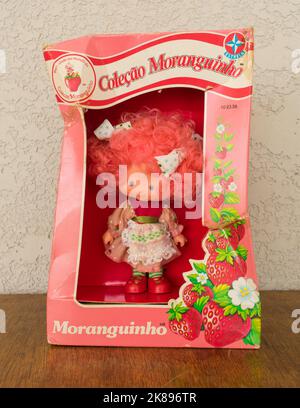 Tres Coroas, Brazil - Circa August 2022: Strawberry shortcake doll from 1987, from the Brazilian collection 'Fruits and Flowers' by Estrela (toy manuf Stock Photo