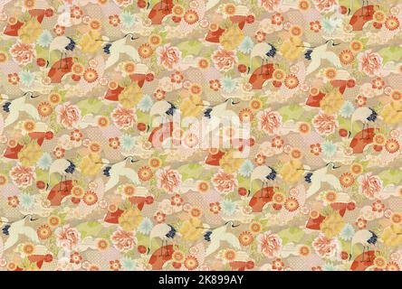 Large detailed photograph of a seamless pattern design depicting a traditional Japanese furoshiki cloth featuring auspicious tsuru cranes adorned by c Stock Photo