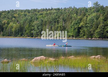 Kayakers on Eagle lake in Acadia National Park, Mount Desert Island, Maine, USA Stock Photo