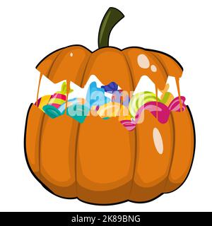 Halloween pumpkin filled with candy. A scary basket of sweets. Halloween elements on a white background. Stock Vector