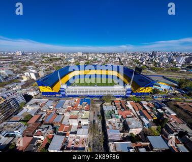 Drone shot of La Bombonera stadium, home of Club Atletico Boca Juniors, La Boca neighborhood in Buenos Aires. Stock Photo