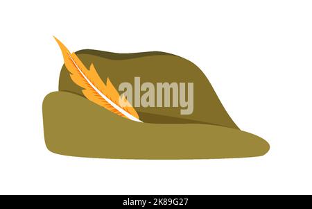 Tyrolean fedora feather hunting hat khaki flat. Headdress retro traditional clothing tyrol oktoberfest green felt military outfit animal hunting travel character accessory adventure icon isolated Stock Vector