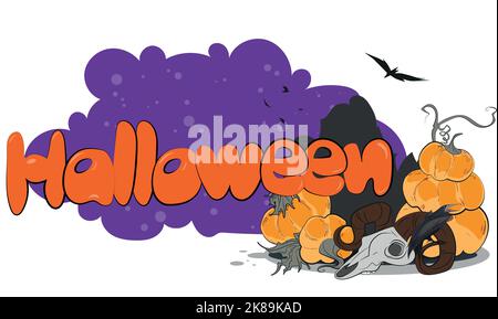 Happy Halloween banner or party invitation background with night clouds and pumpkins. Vector illustration. Full moon in the sky, spiders web and flying bats. Place for text Stock Vector