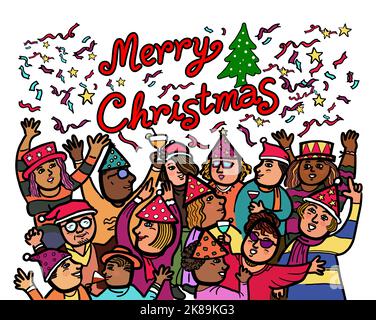 A crowd of diversity of people celebrate Christmas holidays party together. Drawing on white background. Stock Vector