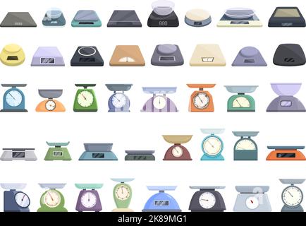 Kitchen scales icons set cartoon vector. Food balance. Scale product Stock Vector