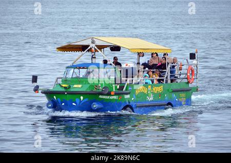 Harbour Hopper 3, an amphibious vehicle of the Harbour Hopper tour boat service in Halifax, Nova Scotia, pictured in Halifax Harbour (2022) Stock Photo