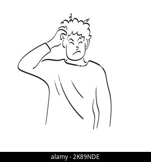 line art serious man scratching head and thinking about problem illustration vector hand drawn isolated on white background Stock Vector